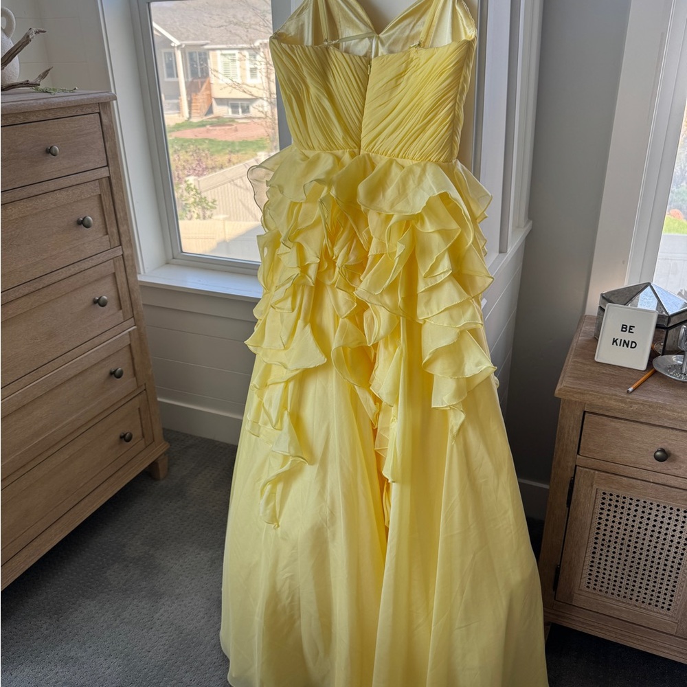 Mac Duggal Lemon Yellow Ruffle Tiered Prom Gown Sample Dress - Picture 6 of 6